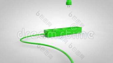 将电线电缆插入插座。 <strong>绿屏</strong>能源概念.. 白色的叶子